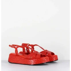 Sandales Compensees En Cuir Tresse Corail - Kati24 Mandarina