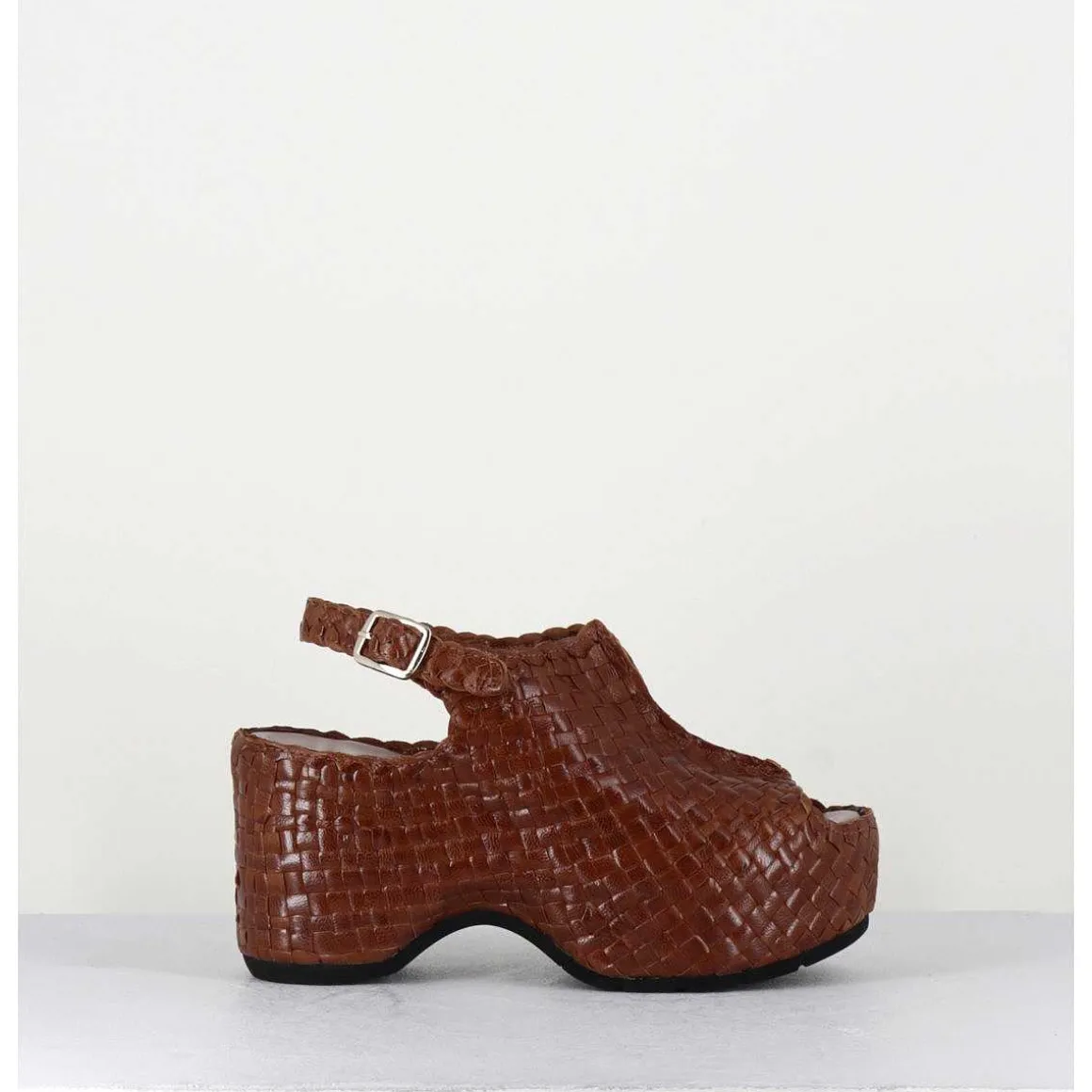 Sandales Compensees En Cuir Marron Tresse - Posi23 Brown