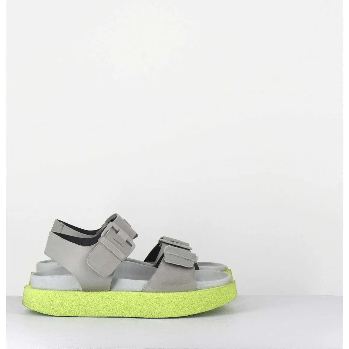 Sandales Double-Boucles En Cuir Gris & Micro Jaune - 3424 Perla Akoy