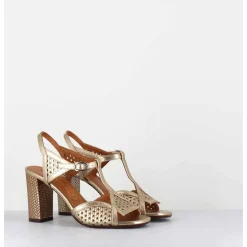 Sandales En Cuir Cannele Dore Talon Haut - Bessy Dali Champan