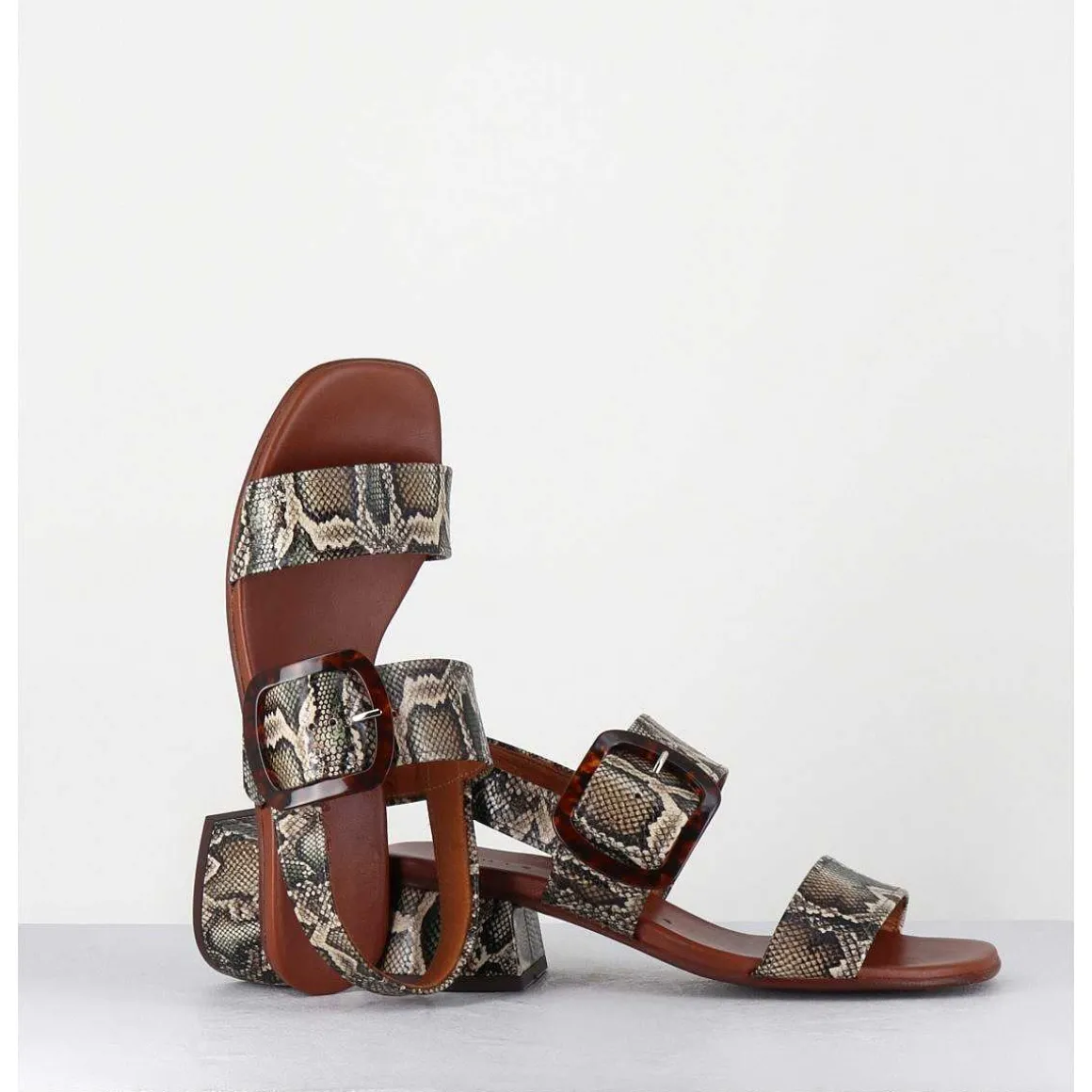 Sandales En Cuir Imprime Serpent, Boucle Ecaille & Petit Talon - Quanda44 Nara Mili