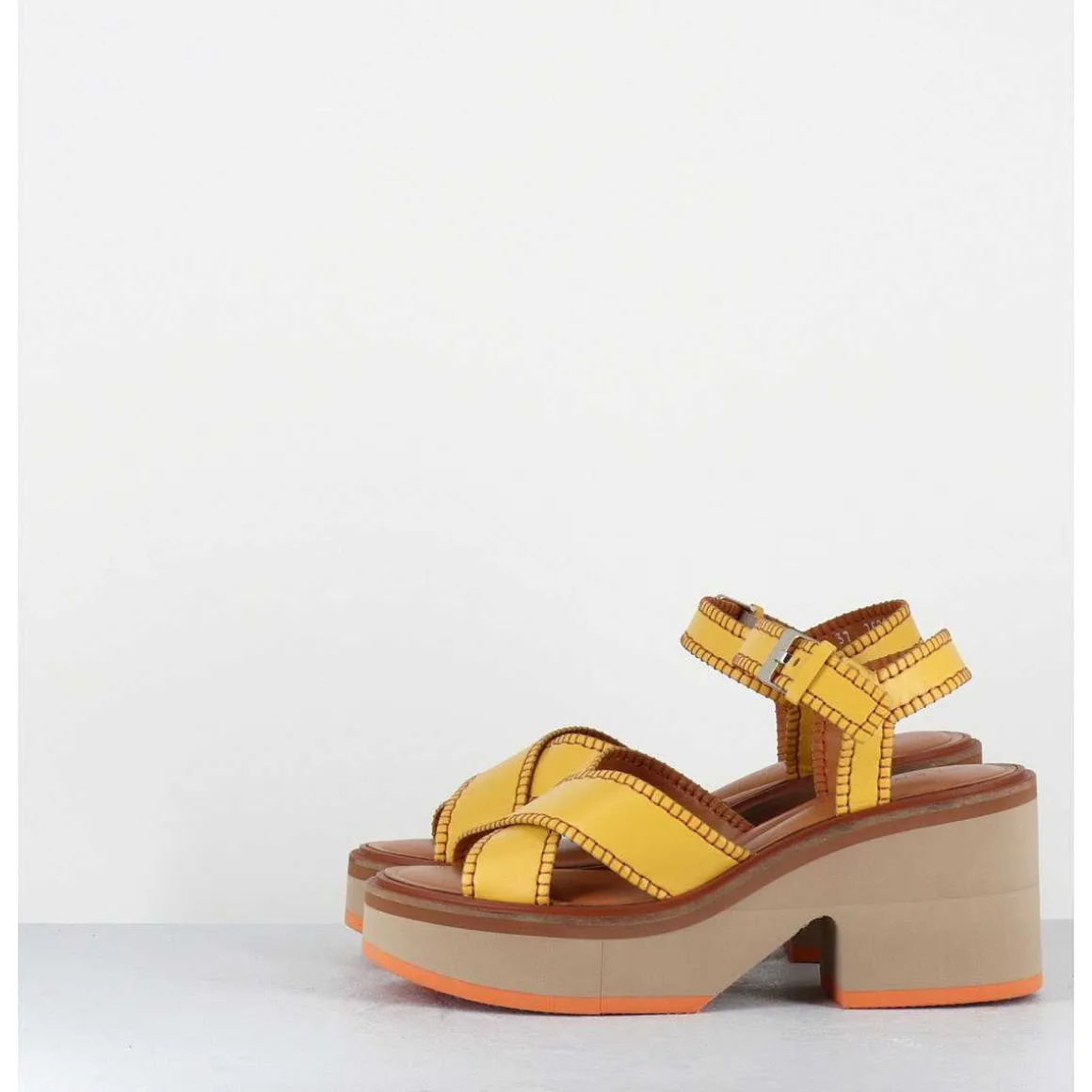 Sandales En Cuir Jaune Bloc Micro-Bloc Leger - Charlisp Longan