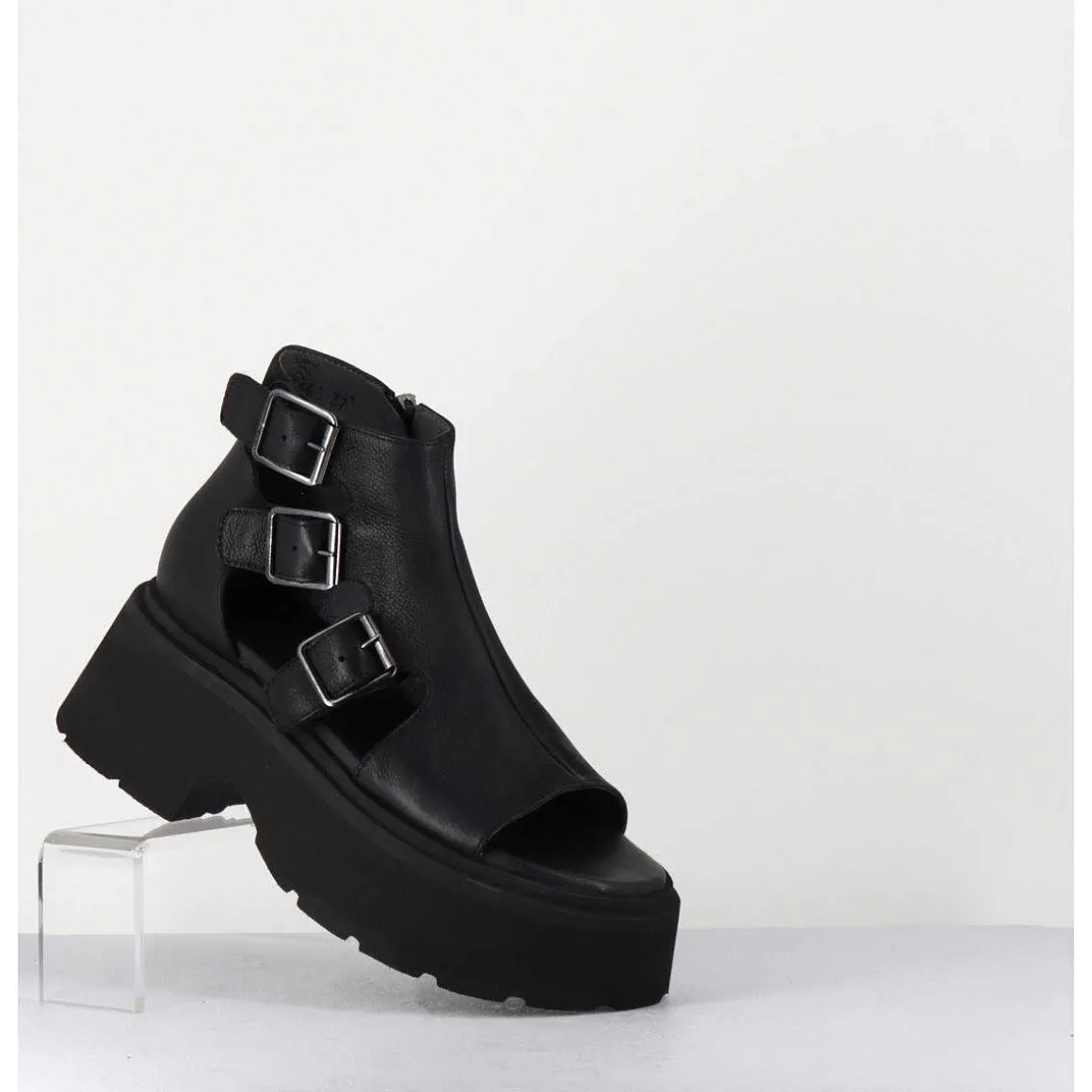 Sandales En Cuir Noir Semelle Epaisse Legere - 3460 Gas Nero