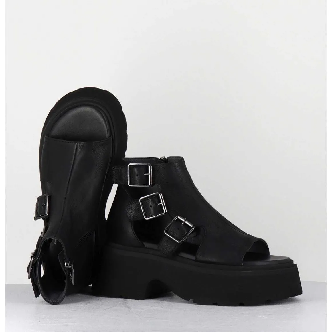 Sandales En Cuir Noir Semelle Epaisse Legere - 3460 Gas Nero