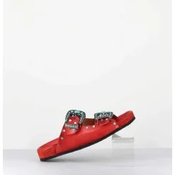 Sandales En Cuir Rouge Boucles & Pierres - 3532Mod Rosso