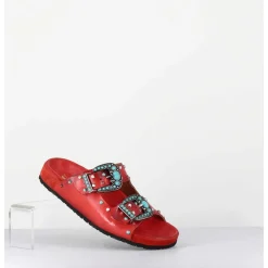 Sandales En Cuir Rouge Boucles & Pierres - 3532Mod Rosso
