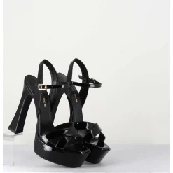 Sandales En Cuir Vernis Noir A Talon Haut - Mira Nero