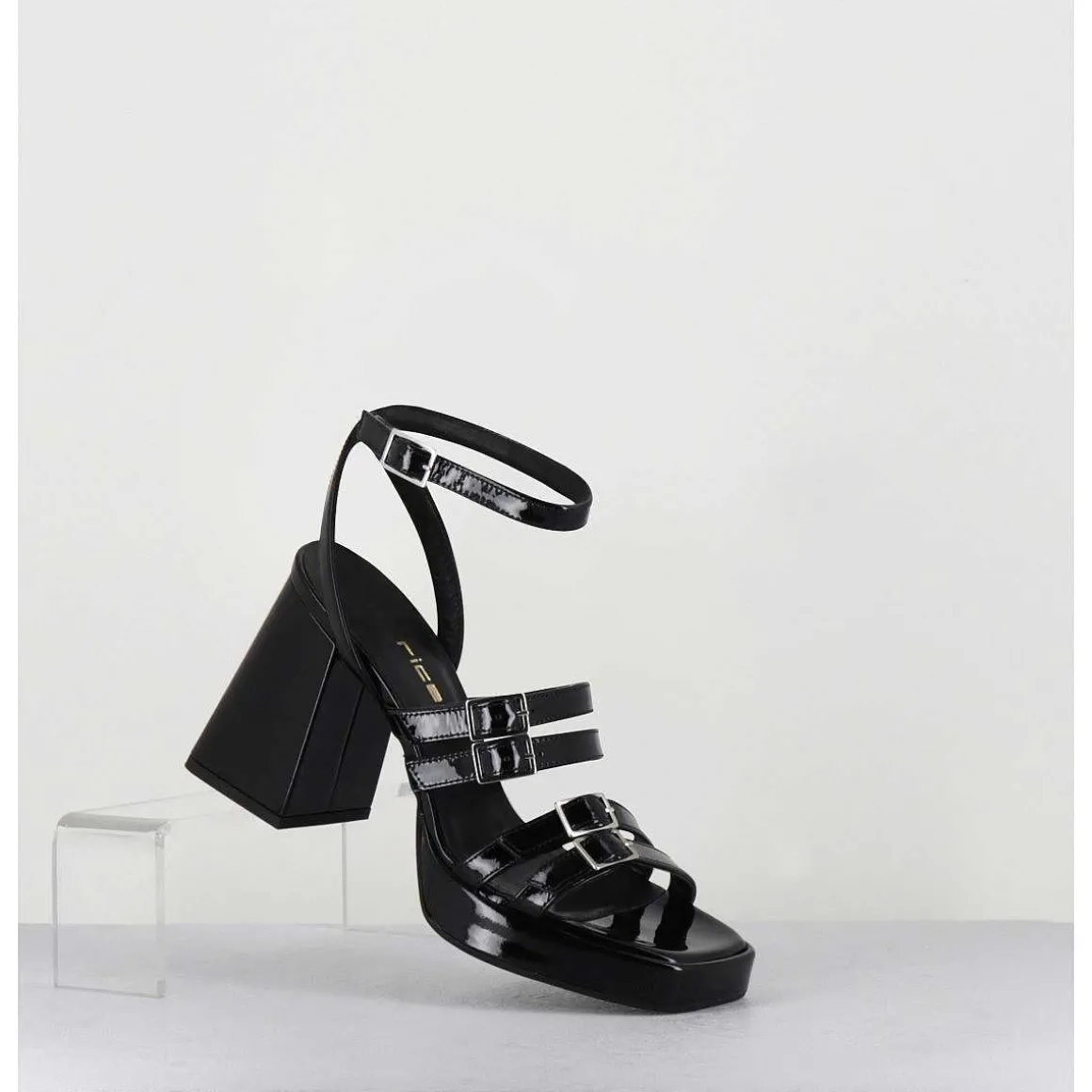 Sandales Multi-Brides A Plateforme En Cuir Vernis Noir - Minate Vernice Nero