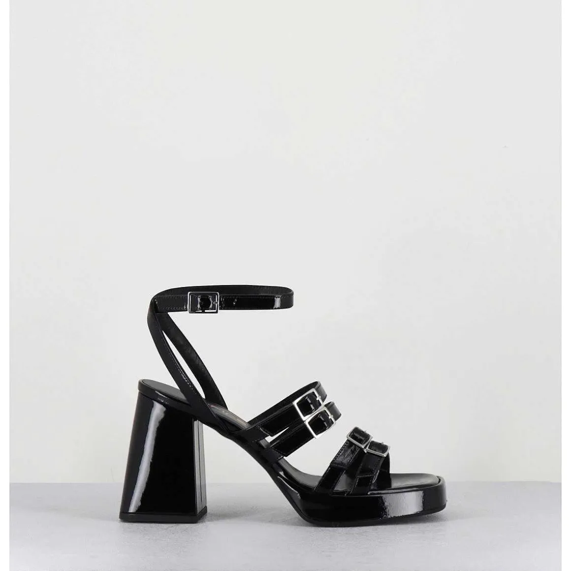 Sandales Multi-Brides A Plateforme En Cuir Vernis Noir - Minate Vernice Nero