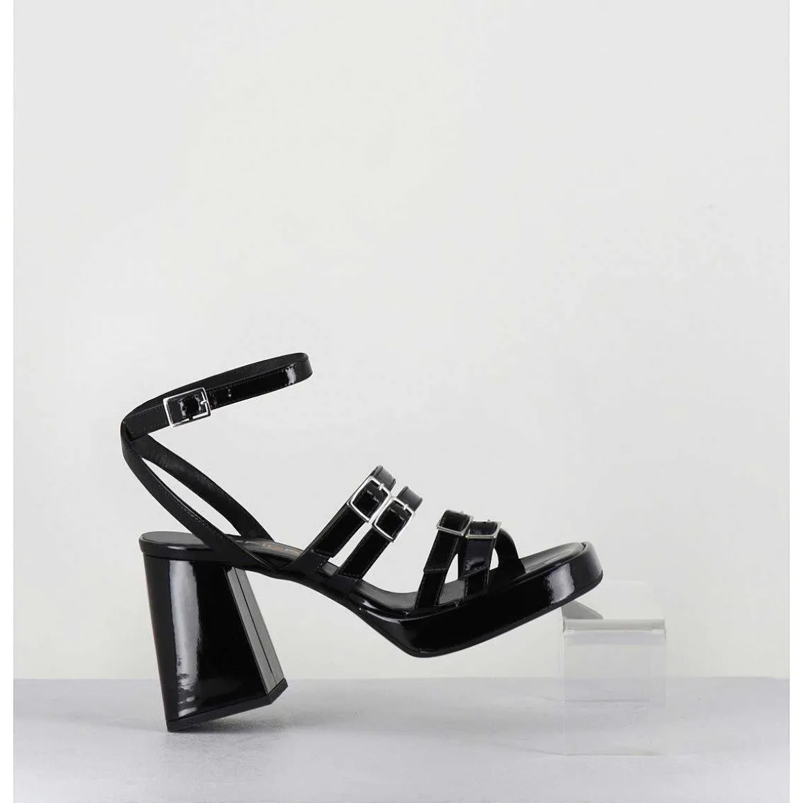 Sandales Multi-Brides A Plateforme En Cuir Vernis Noir - Minate Vernice Nero