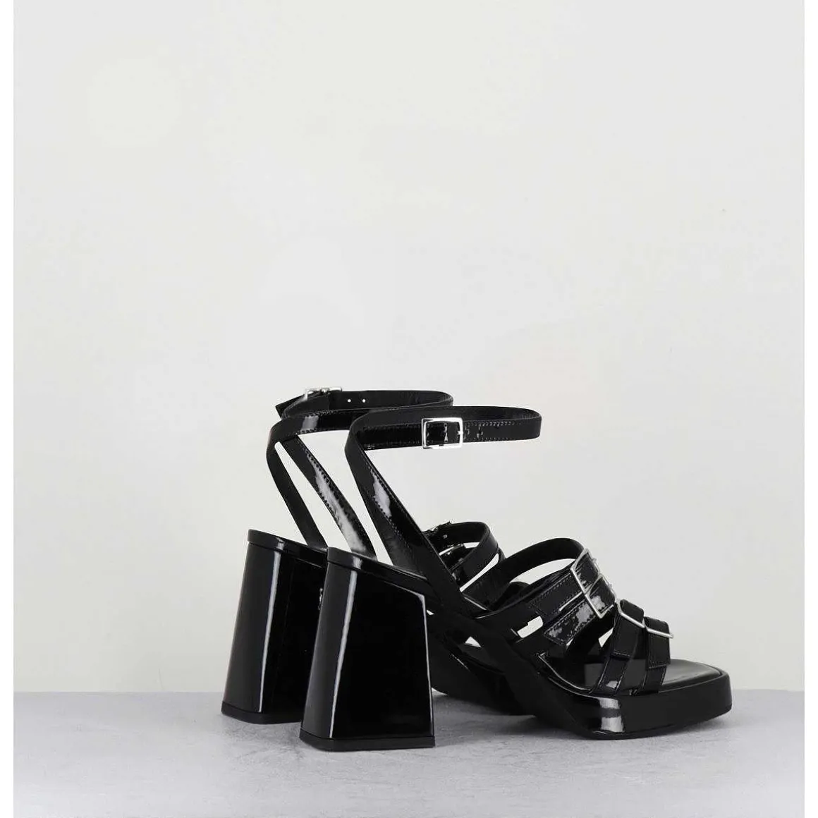 Sandales Multi-Brides A Plateforme En Cuir Vernis Noir - Minate Vernice Nero