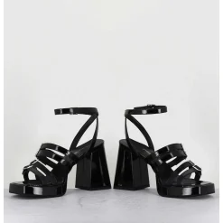 Sandales Multi-Brides A Plateforme En Cuir Vernis Noir - Minate Vernice Nero