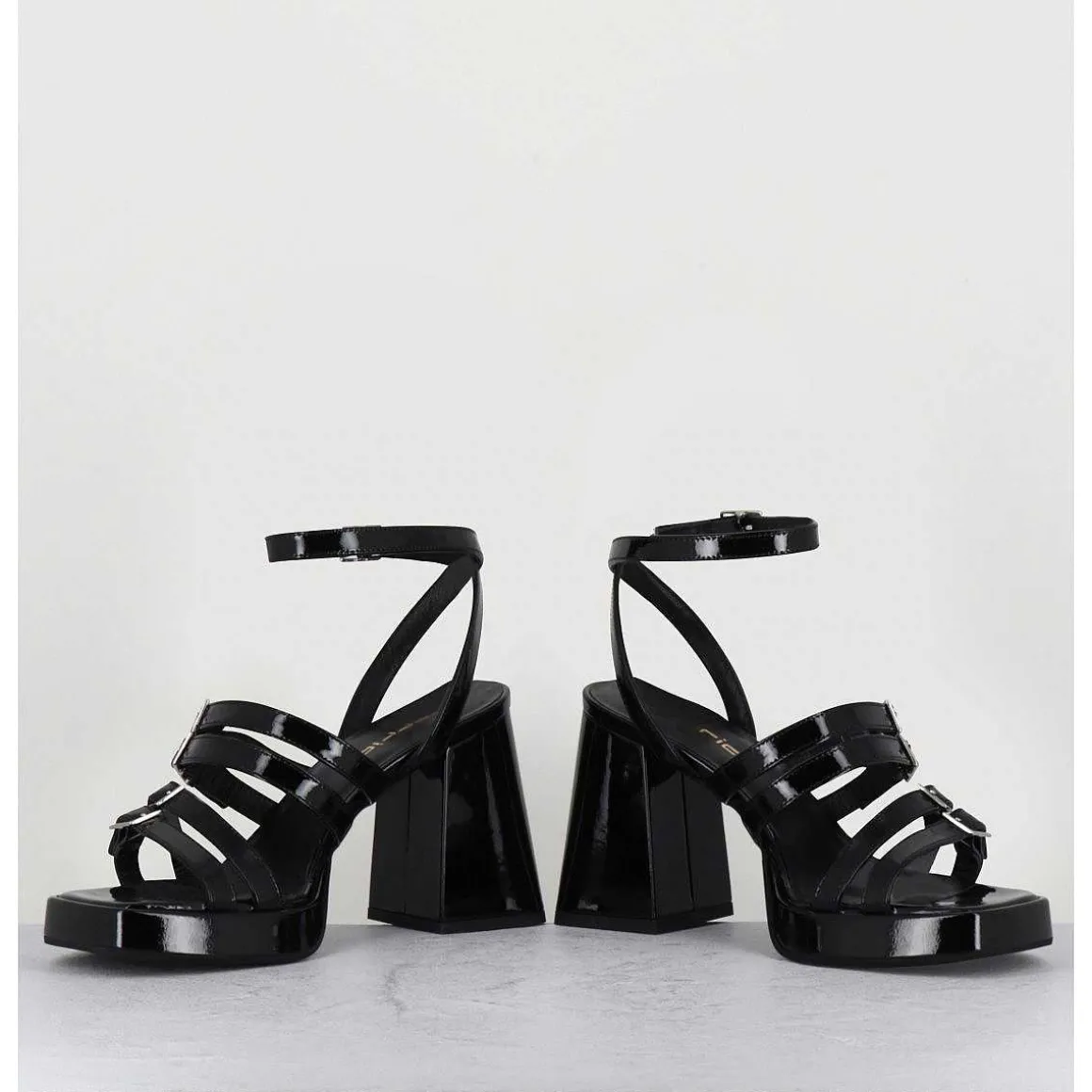 Sandales Multi-Brides A Plateforme En Cuir Vernis Noir - Minate Vernice Nero