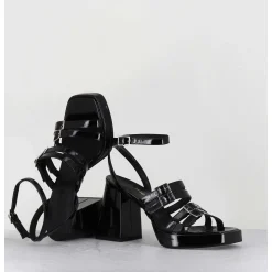 Sandales Multi-Brides A Plateforme En Cuir Vernis Noir - Minate Vernice Nero