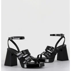 Sandales Multi-Brides A Plateforme En Cuir Vernis Noir - Minate Vernice Nero