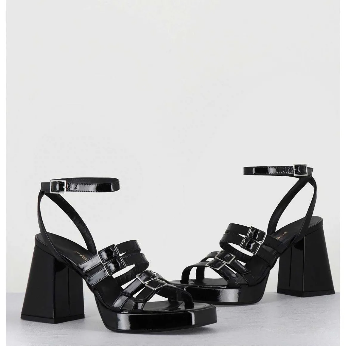 Sandales Multi-Brides A Plateforme En Cuir Vernis Noir - Minate Vernice Nero