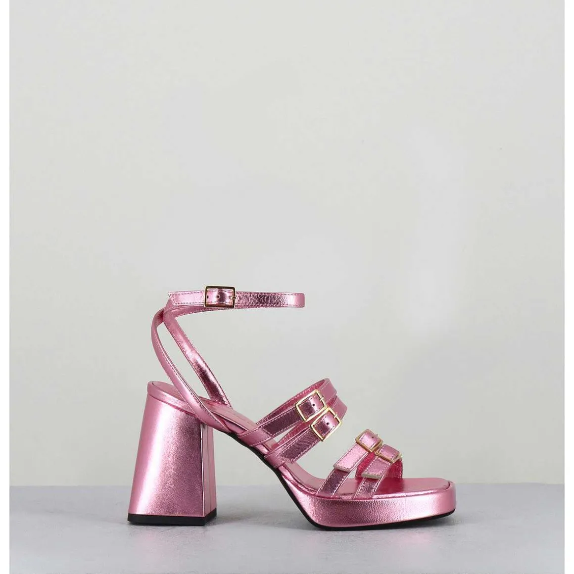 Sandales Multi-Brides A Plateforme Cuir Metallise Rose - Minate Laminato Ninfea