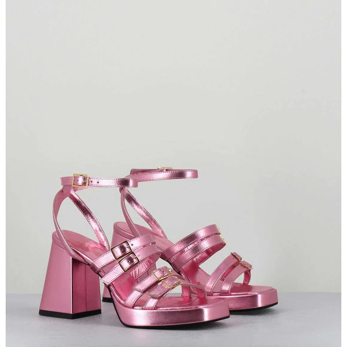 Sandales Multi-Brides A Plateforme Cuir Metallise Rose - Minate Laminato Ninfea