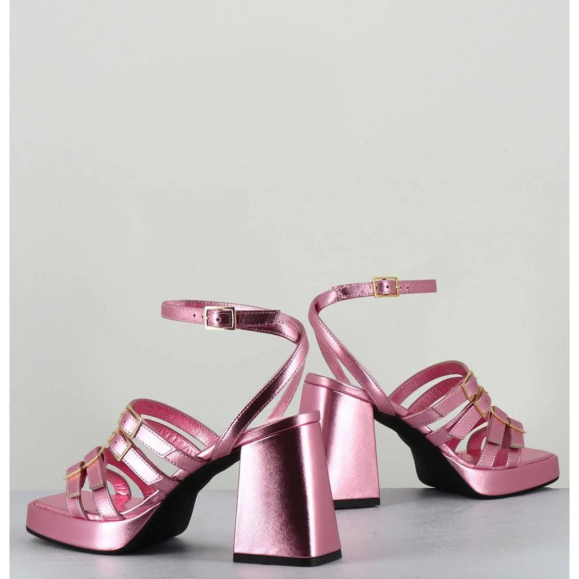 Sandales Multi-Brides A Plateforme Cuir Metallise Rose - Minate Laminato Ninfea