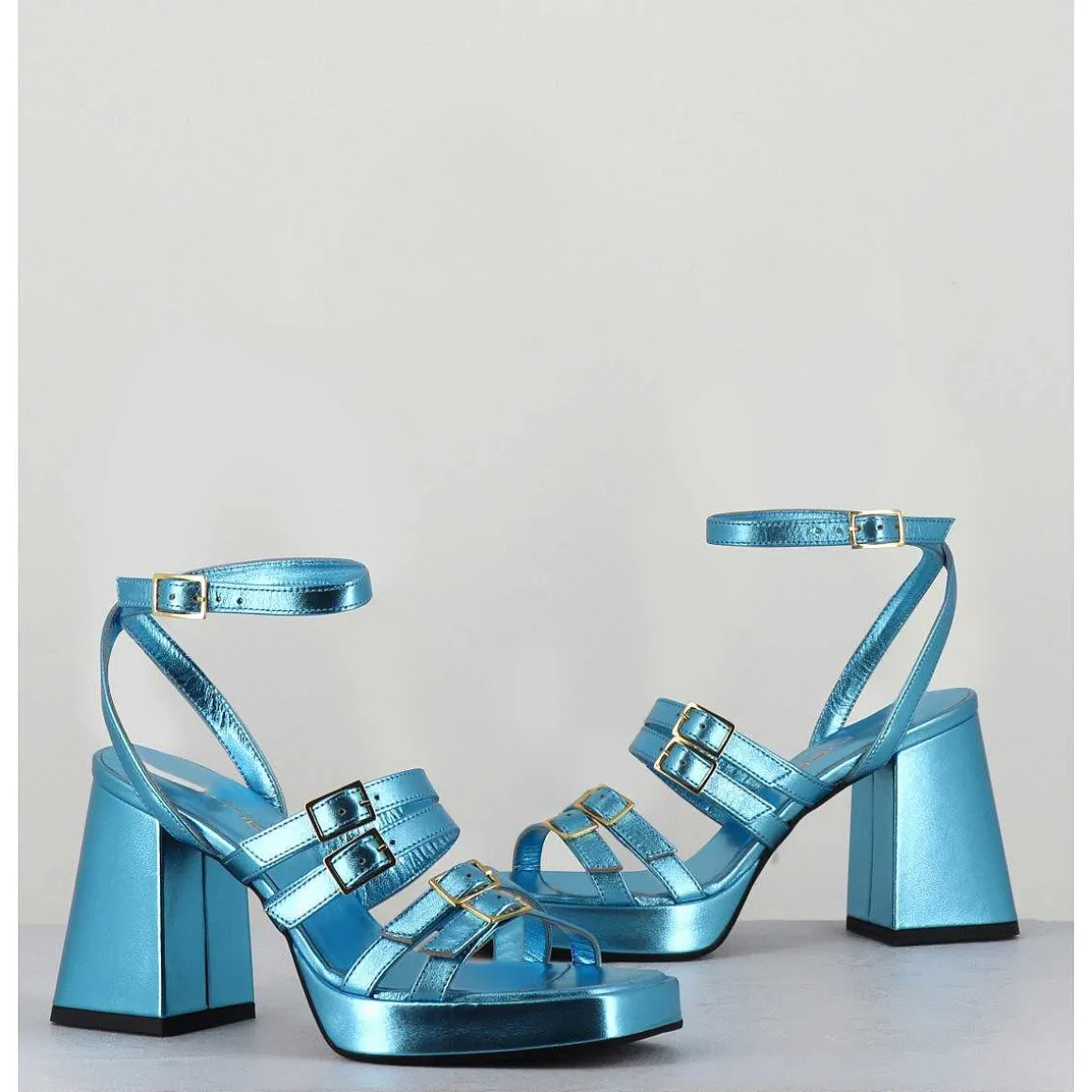 Sandales Multi-Brides A Plateforme Cuir Metallise Bleu - Minate Laminato Celeste