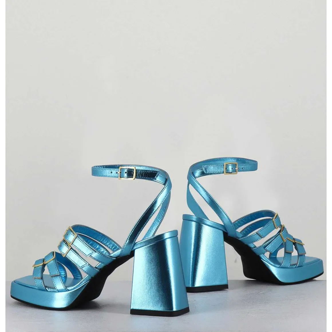 Sandales Multi-Brides A Plateforme Cuir Metallise Bleu - Minate Laminato Celeste