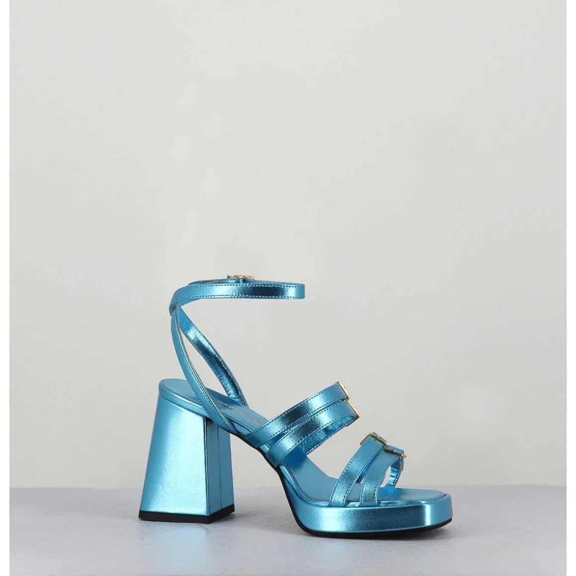 Sandales Multi-Brides A Plateforme Cuir Metallise Bleu - Minate Laminato Celeste