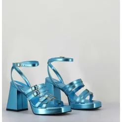 Sandales Multi-Brides A Plateforme Cuir Metallise Bleu - Minate Laminato Celeste