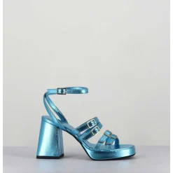 Sandales Multi-Brides A Plateforme Cuir Metallise Bleu - Minate Laminato Celeste