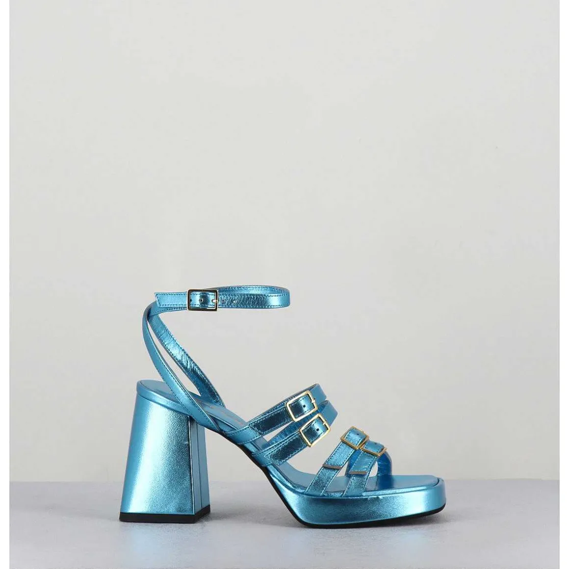 Sandales Multi-Brides A Plateforme Cuir Metallise Bleu - Minate Laminato Celeste