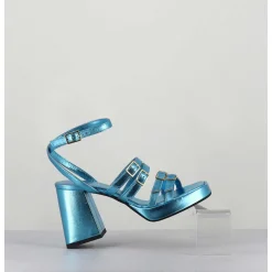 Sandales Multi-Brides A Plateforme Cuir Metallise Bleu - Minate Laminato Celeste