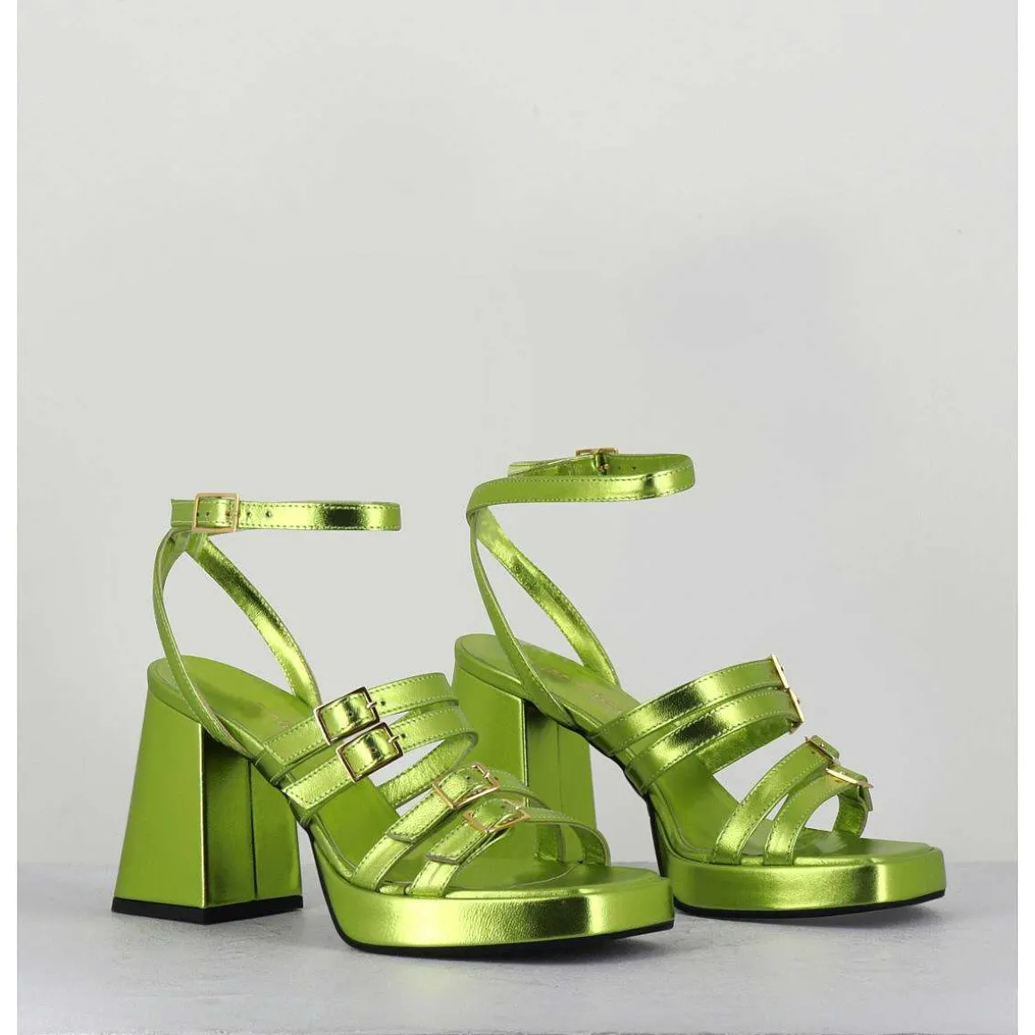 Sandales Multi-Brides A Plateforme Cuir Metallise Vert - Minate Laminato Acid