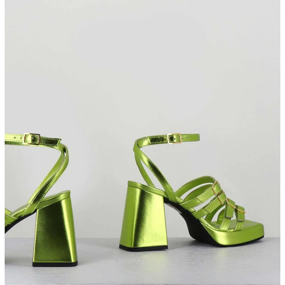 Sandales Multi-Brides A Plateforme Cuir Metallise Vert - Minate Laminato Acid