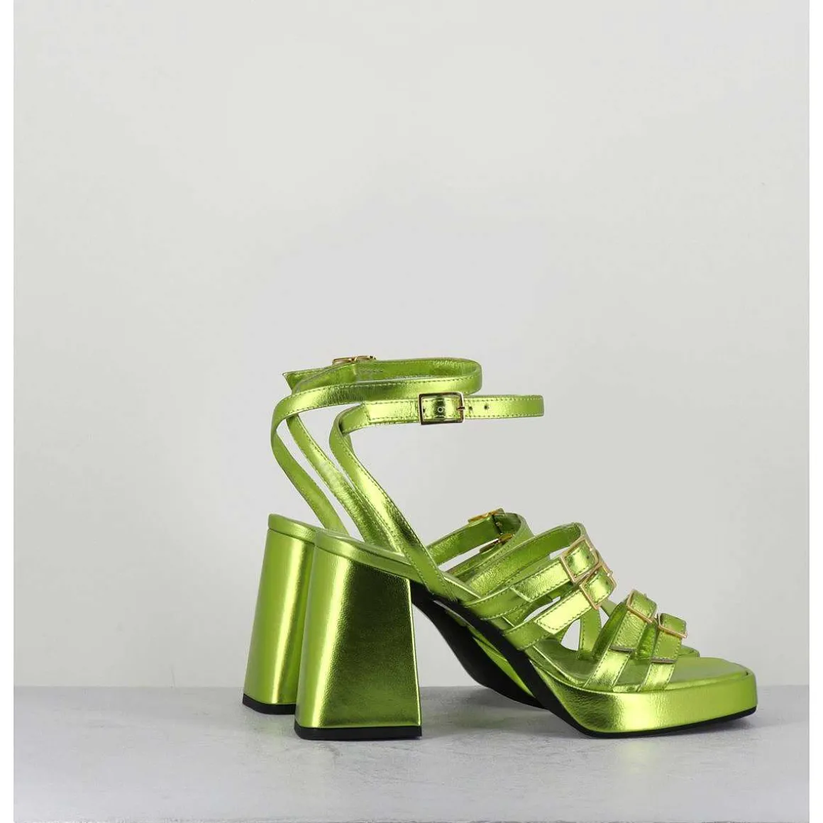Sandales Multi-Brides A Plateforme Cuir Metallise Vert - Minate Laminato Acid