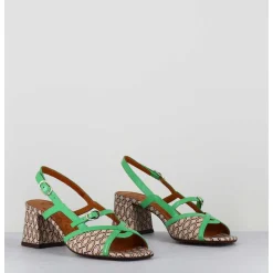 Sandales Petit Talon En Cuir Imprime Vintage Brides Vertes - Leini Jazz Cuero