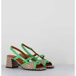 Sandales Petit Talon En Cuir Imprime Vintage Brides Vertes - Leini Jazz Cuero
