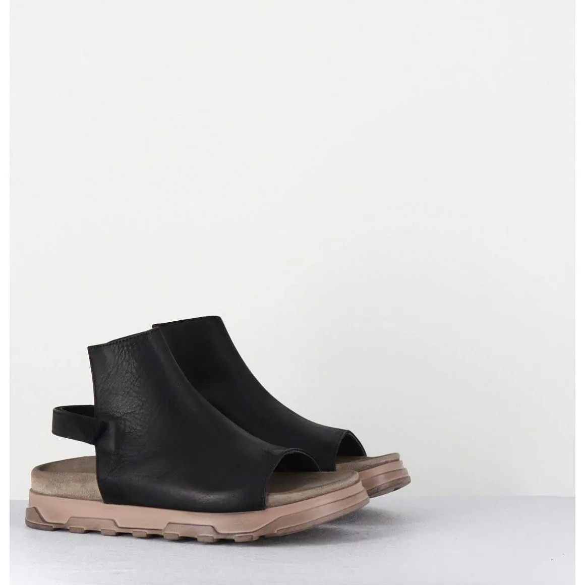 Sandales Plates Cuir Noir & Semelle Effet Use _ 3366 Gas Nero
