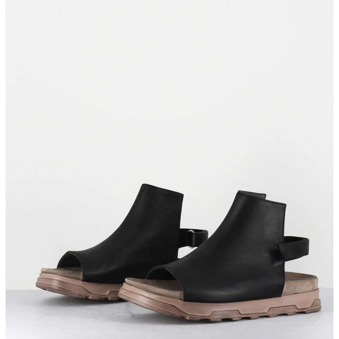 Sandales Plates Cuir Noir & Semelle Effet Use _ 3366 Gas Nero