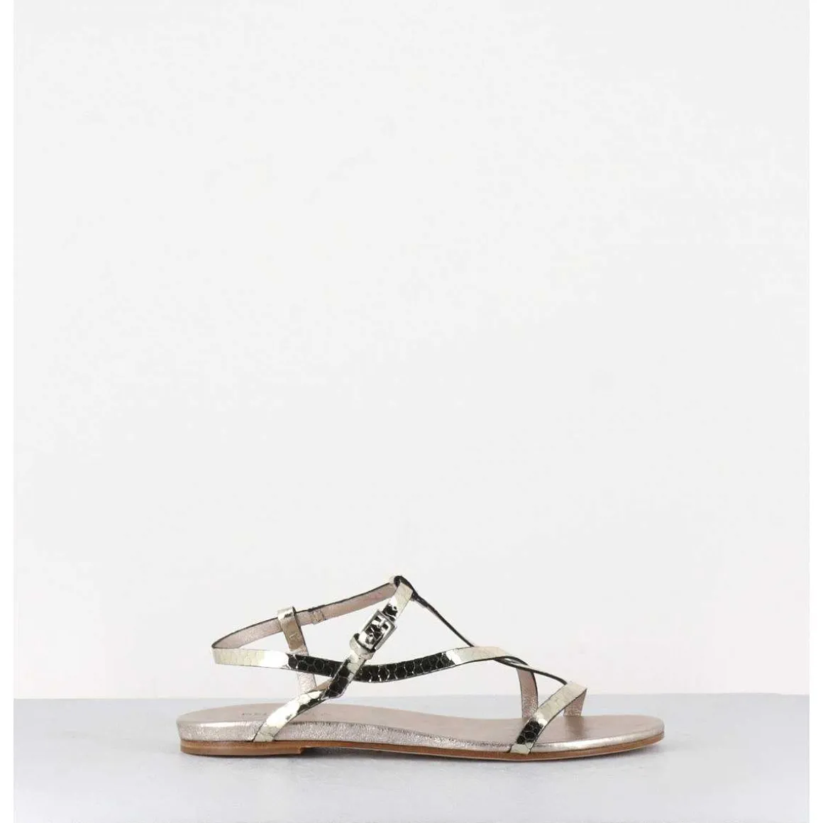 Sandales Plates En Cuir Metallise Dore - 11310 Viper Platino