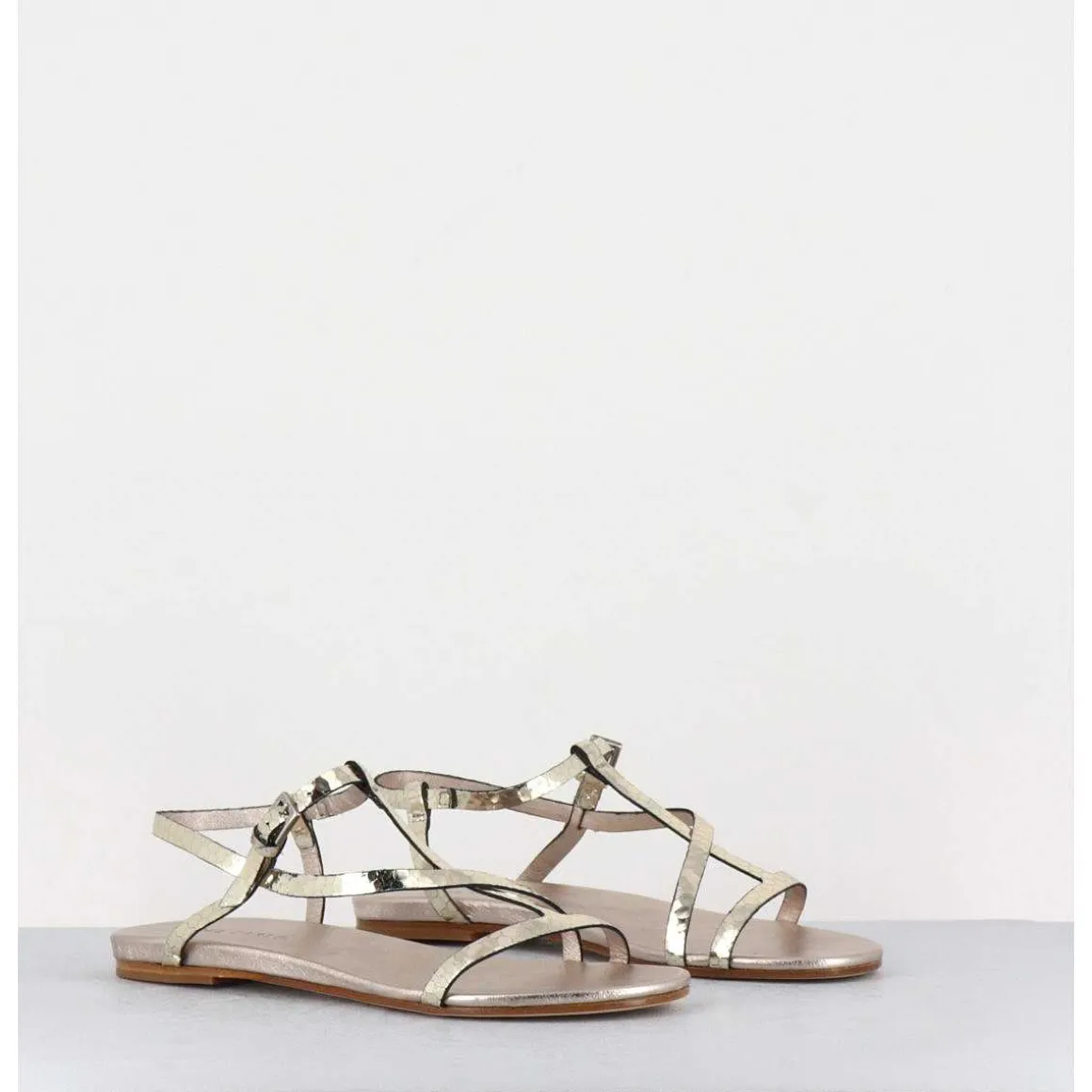 Sandales Plates En Cuir Metallise Dore - 11310 Viper Platino