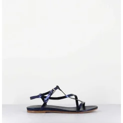 Sandales Plates En Cuir Metallise Bleu Nuit - 11310 Viper Oceano