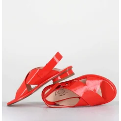 Sandales Plates En Cuir Rouge - Alison Criss Tangerine