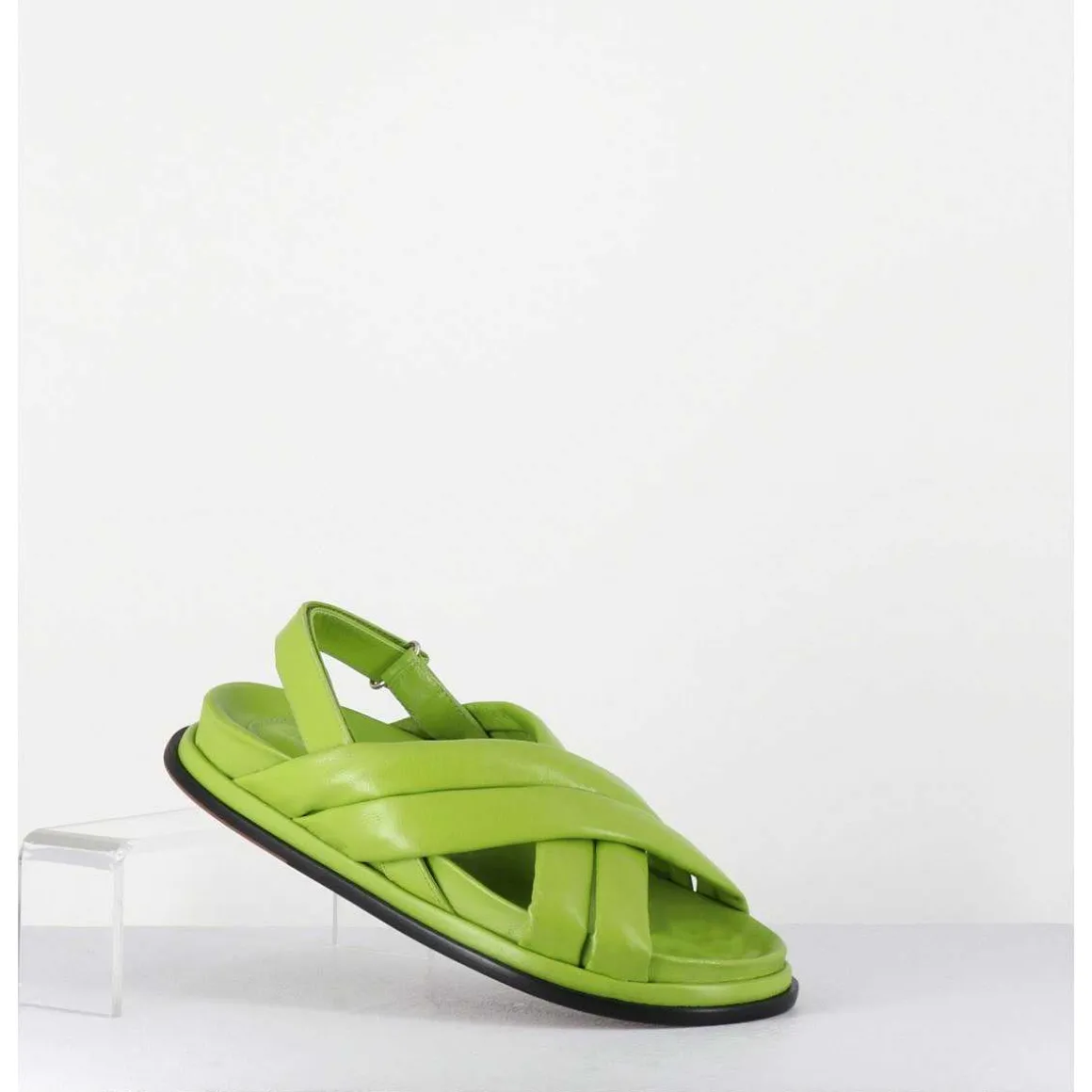 Sandales Plates Semelle Anatomique En Cuir Souple Vert - Drika Nappa Kiwi