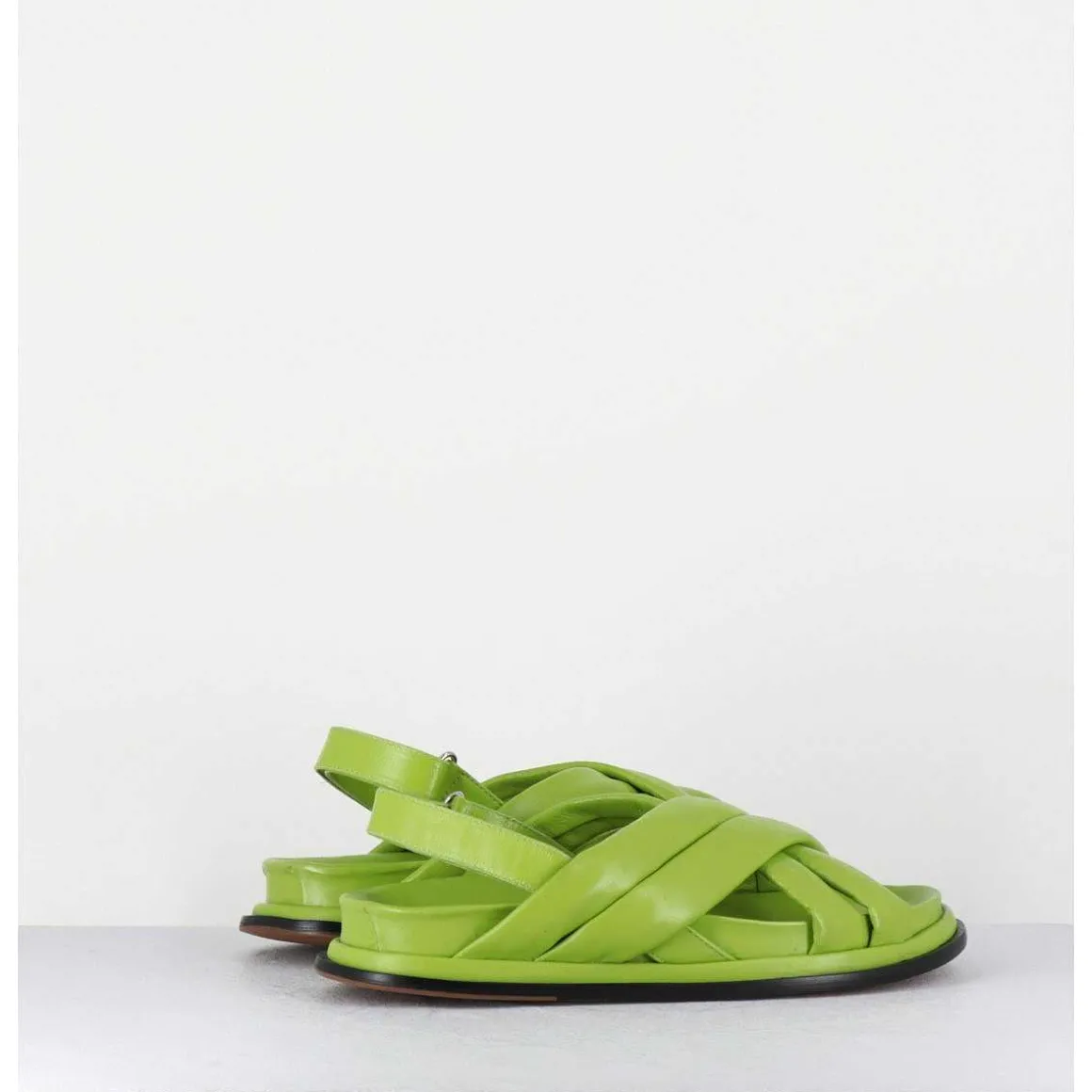 Sandales Plates Semelle Anatomique En Cuir Souple Vert - Drika Nappa Kiwi