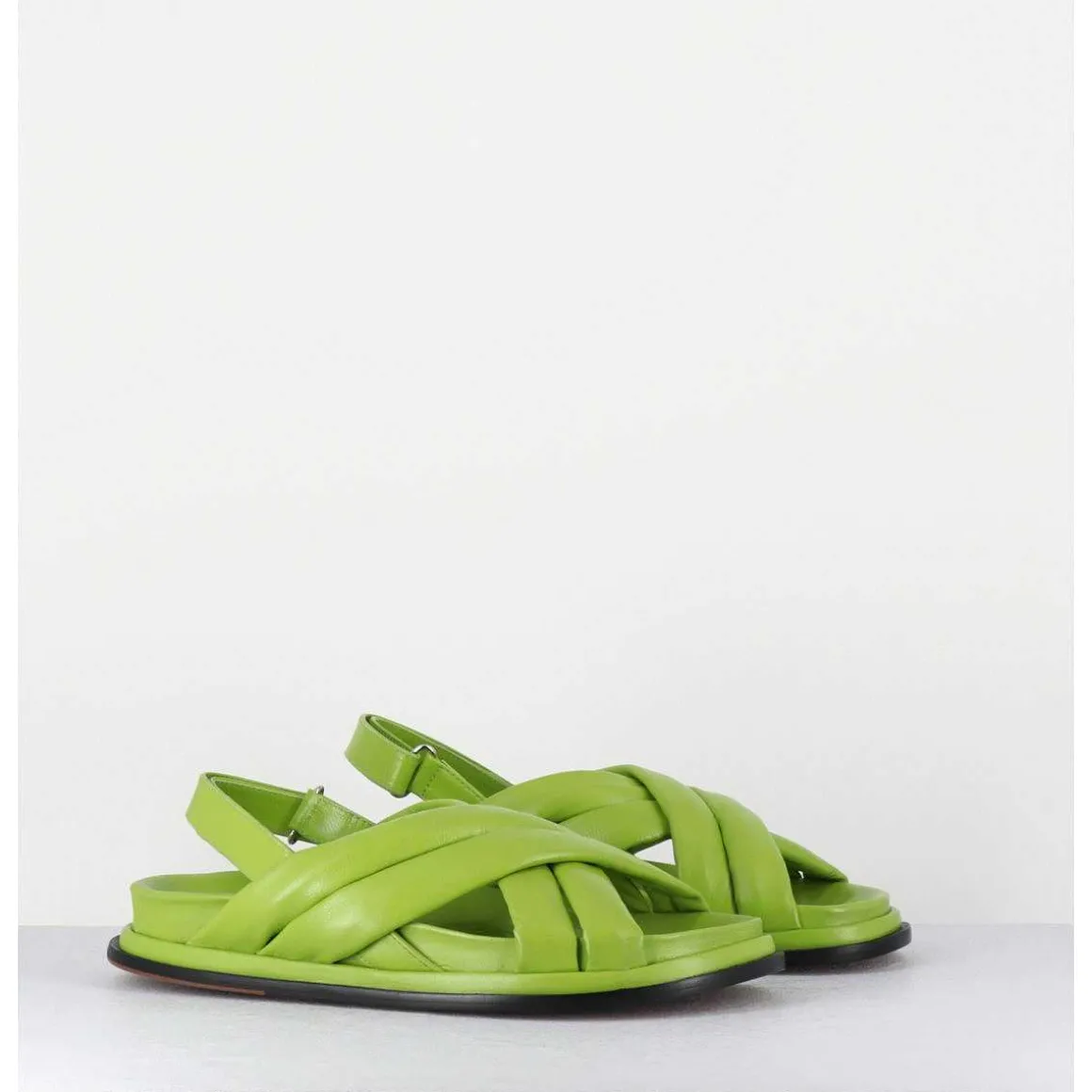 Sandales Plates Semelle Anatomique En Cuir Souple Vert - Drika Nappa Kiwi