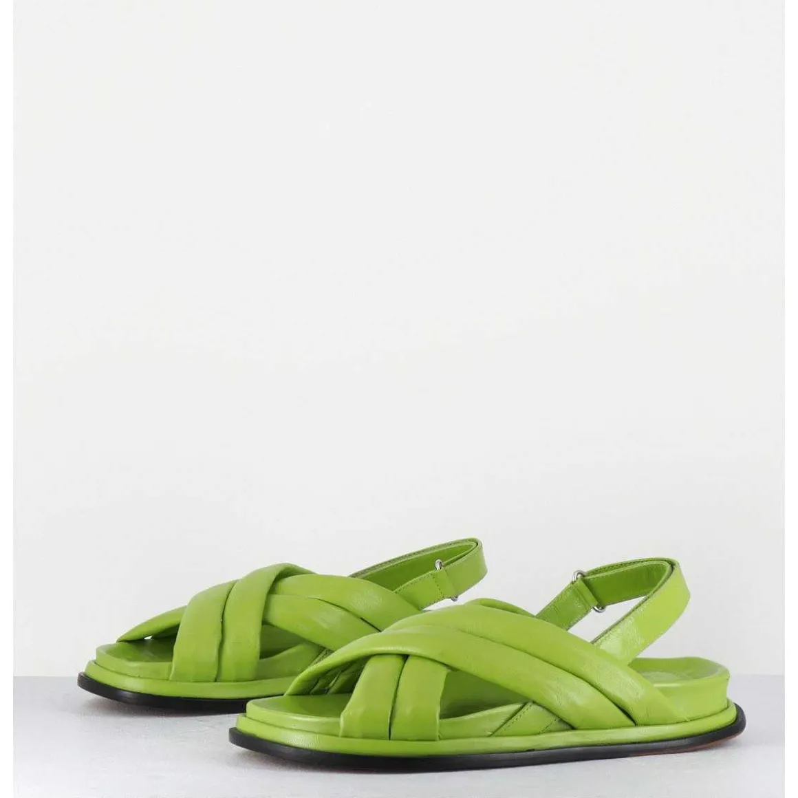 Sandales Plates Semelle Anatomique En Cuir Souple Vert - Drika Nappa Kiwi