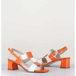 Sandales 60S Bout Carre En Cuir Vernis Orange & Blanc - Lefai5 Orange White
