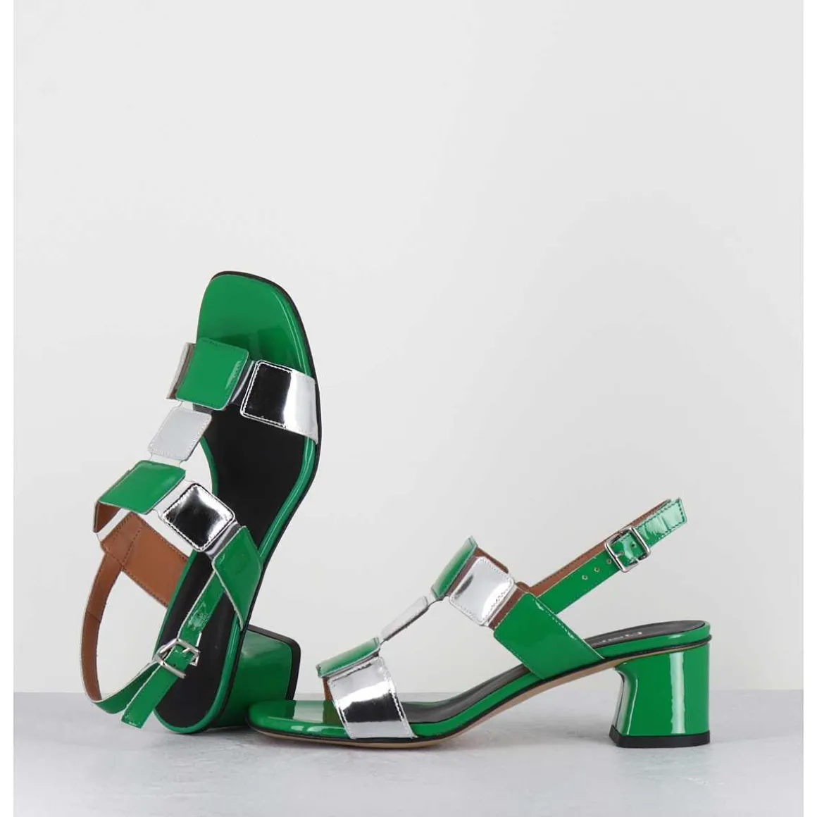 Sandales 60S Bout Carre En Cuir Vernis Vert & Argent - Lefai7 Verde Argento