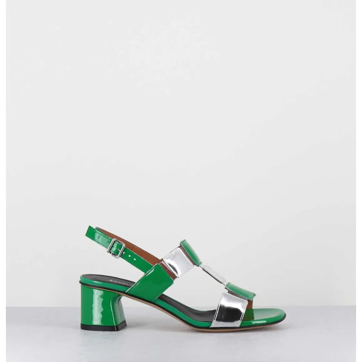 Sandales 60S Bout Carre En Cuir Vernis Vert & Argent - Lefai7 Verde Argento