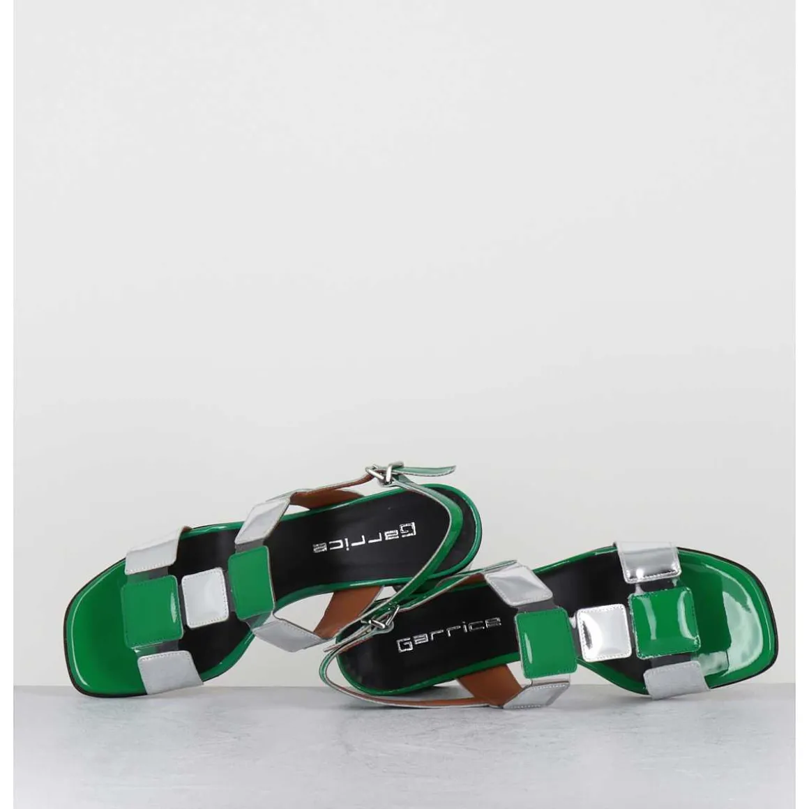 Sandales 60S Bout Carre En Cuir Vernis Vert & Argent - Lefai7 Verde Argento