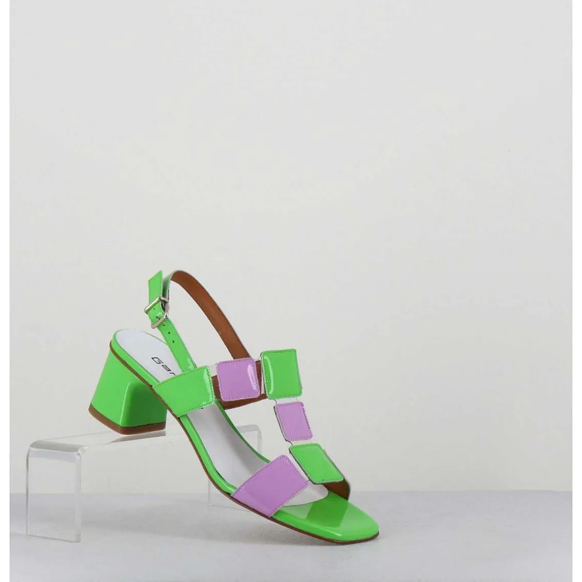 Sandales 60S Bout Carre En Cuir Vernis Vert & Lilas - Lefai Green Lilas